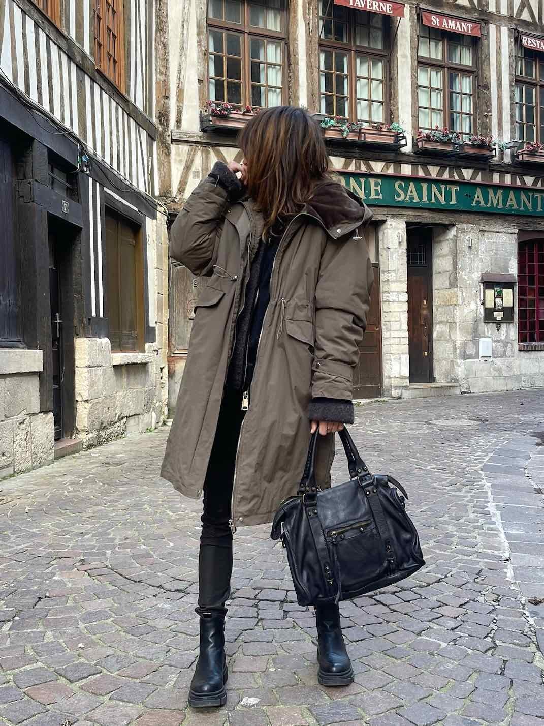 Manteau mi long kaki foncé