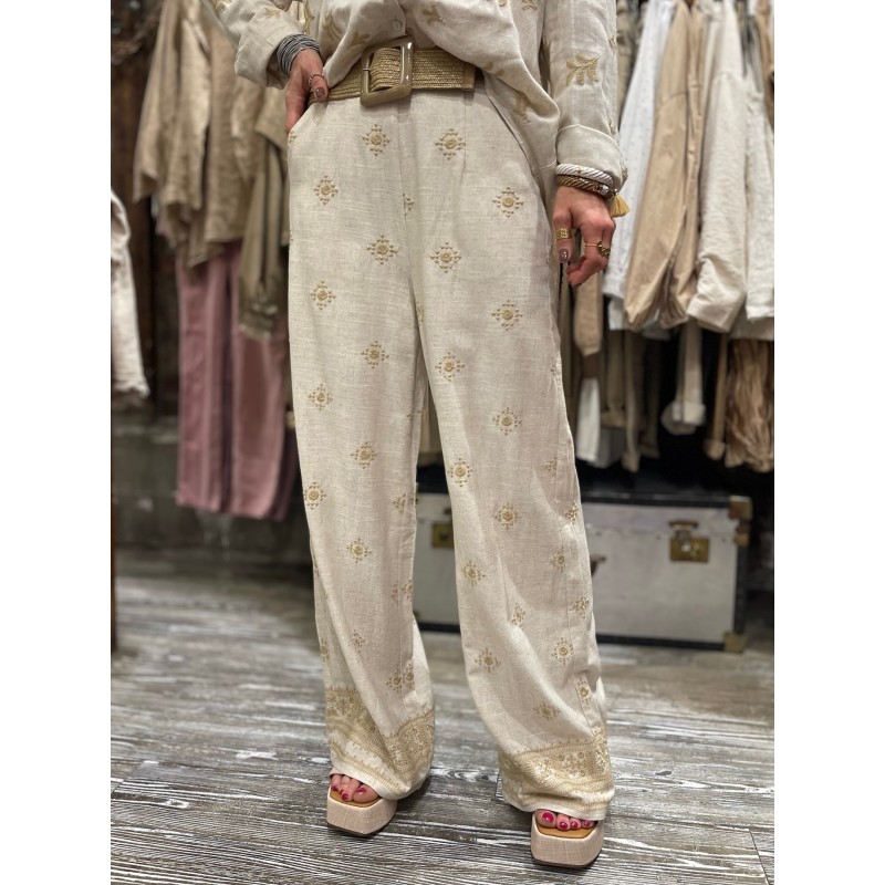 Pantalon lin motifs gold