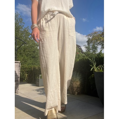 Pantalon lin flare beige