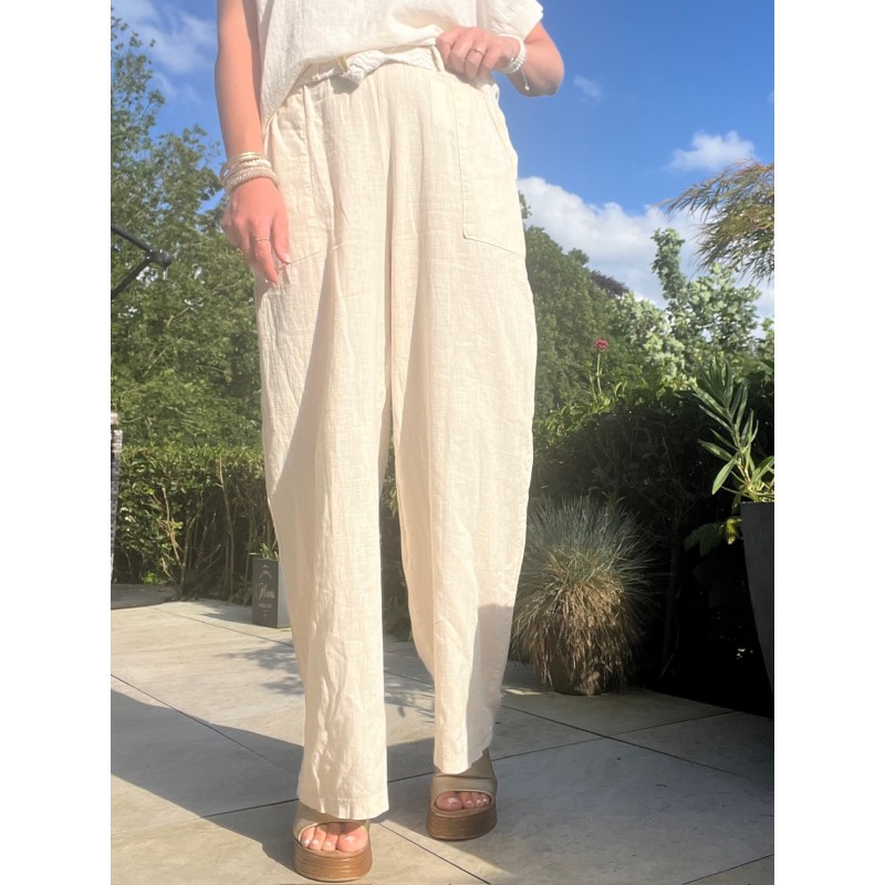 Pantalon lin flare beige