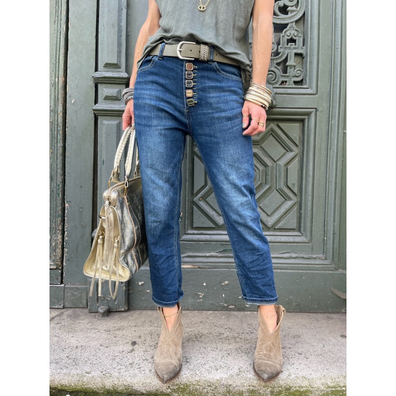 Jean mom denim boutons carrés