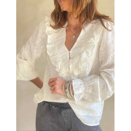 Blouse ivoire col jabot dentelle