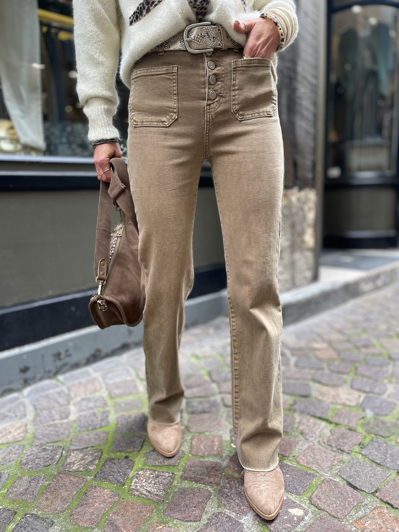 Jean flare poches camel