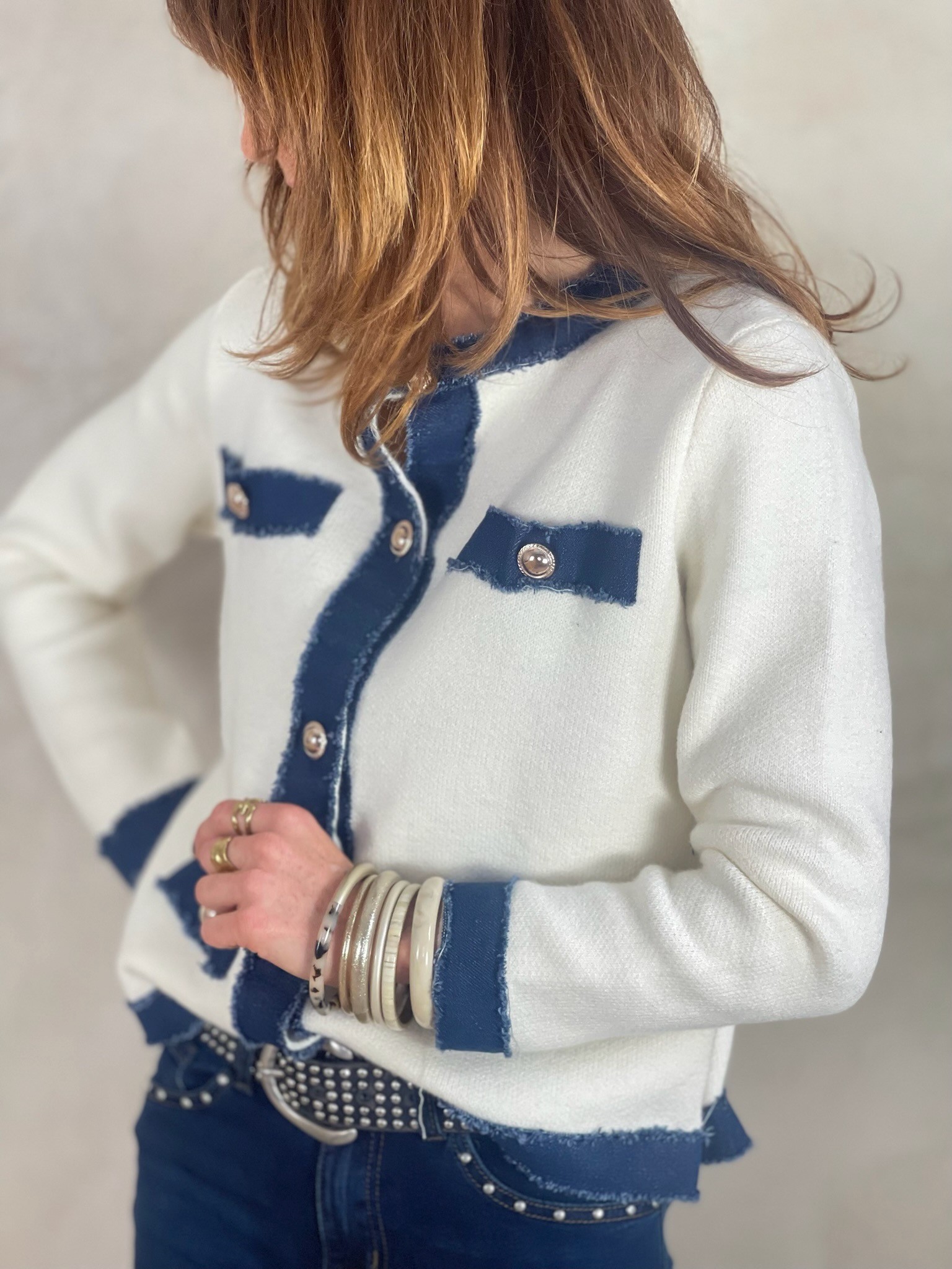 Gilet écru détails denim