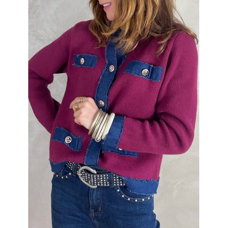 Gilet bordeaux détails denim