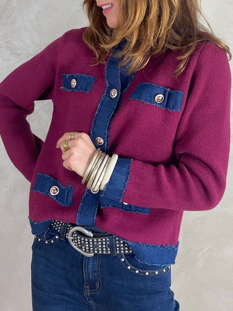 Gilet bordeaux détails denim