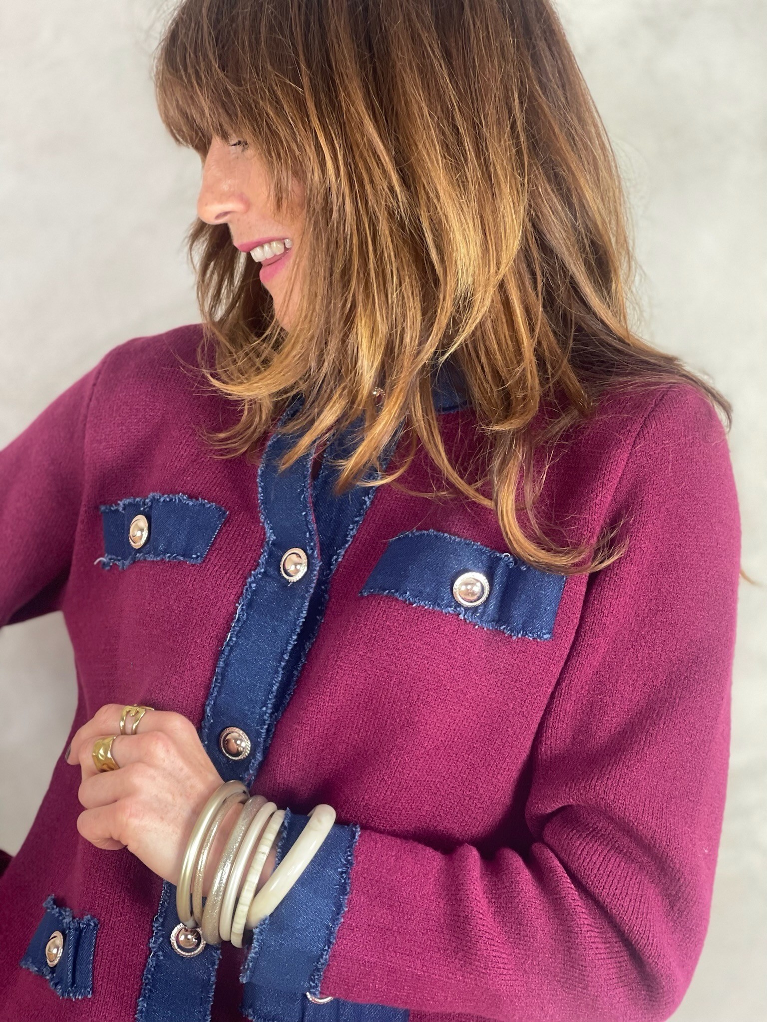 Gilet bordeaux détails denim