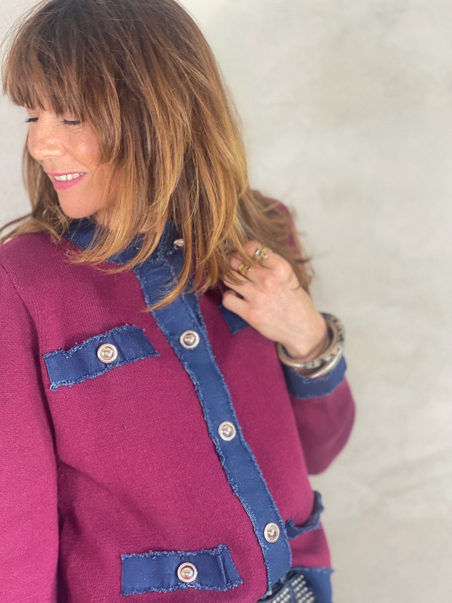 Gilet bordeaux détails denim