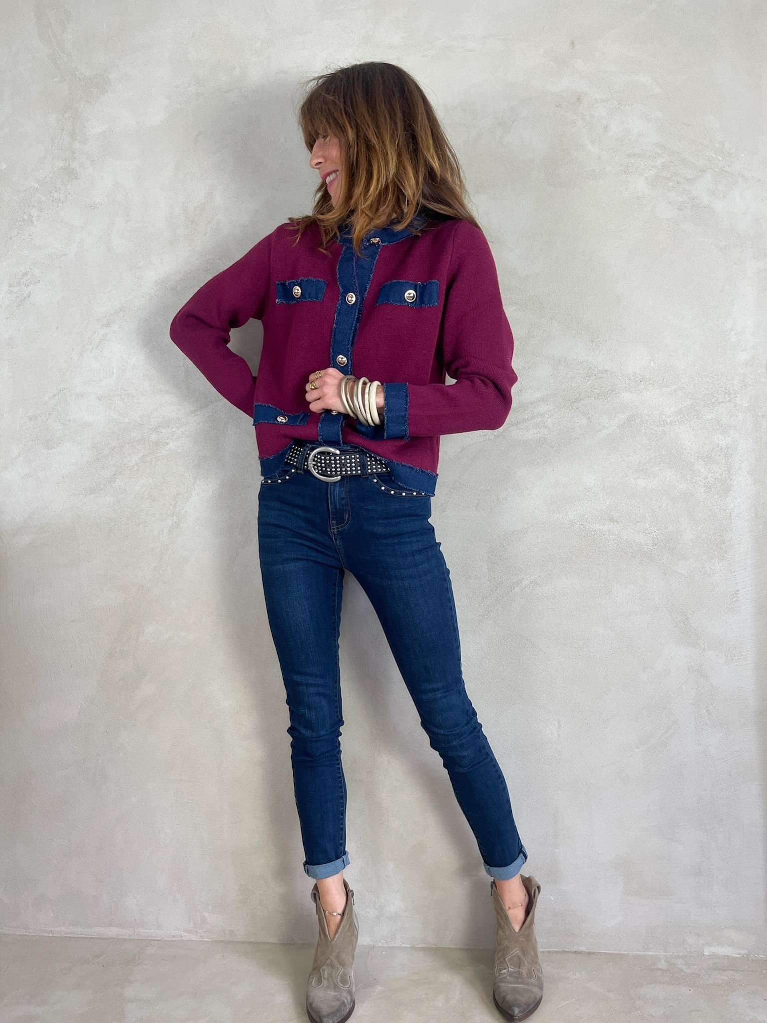 Gilet bordeaux détails denim