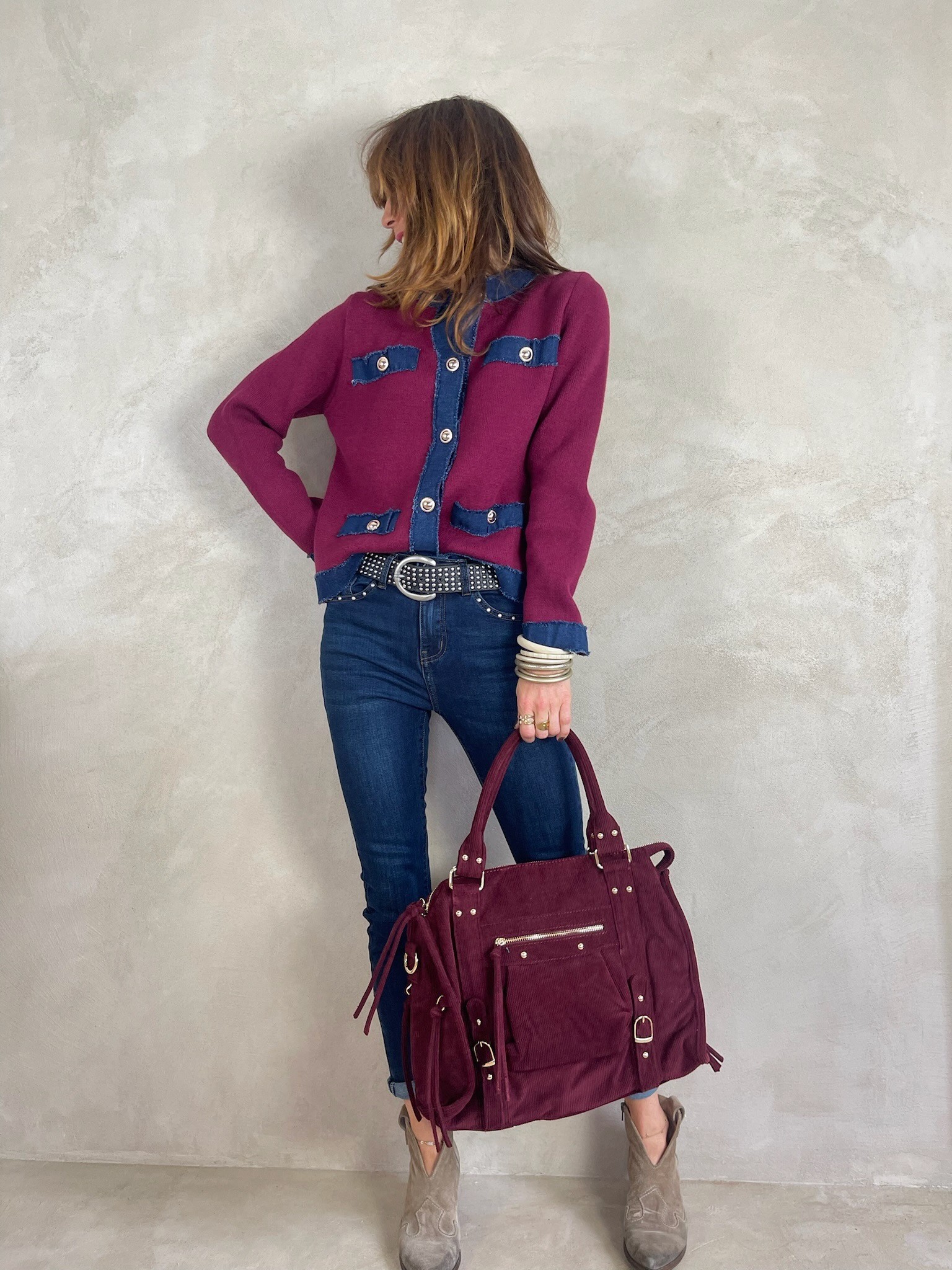 Gilet bordeaux détails denim