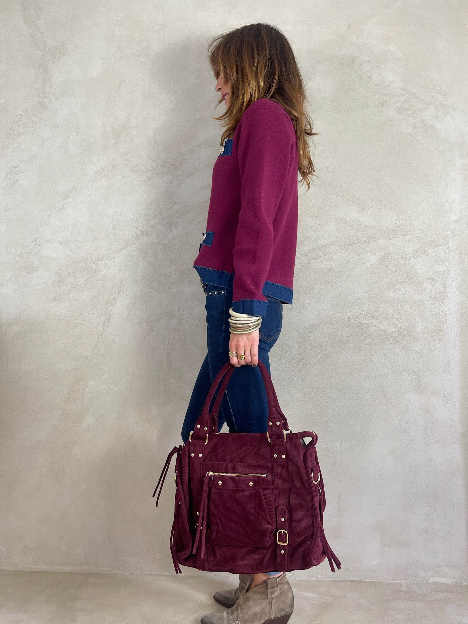 Gilet bordeaux détails denim