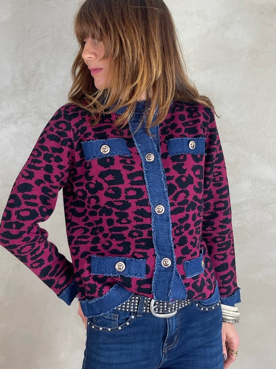 Gilet bordeaux léo détails denim