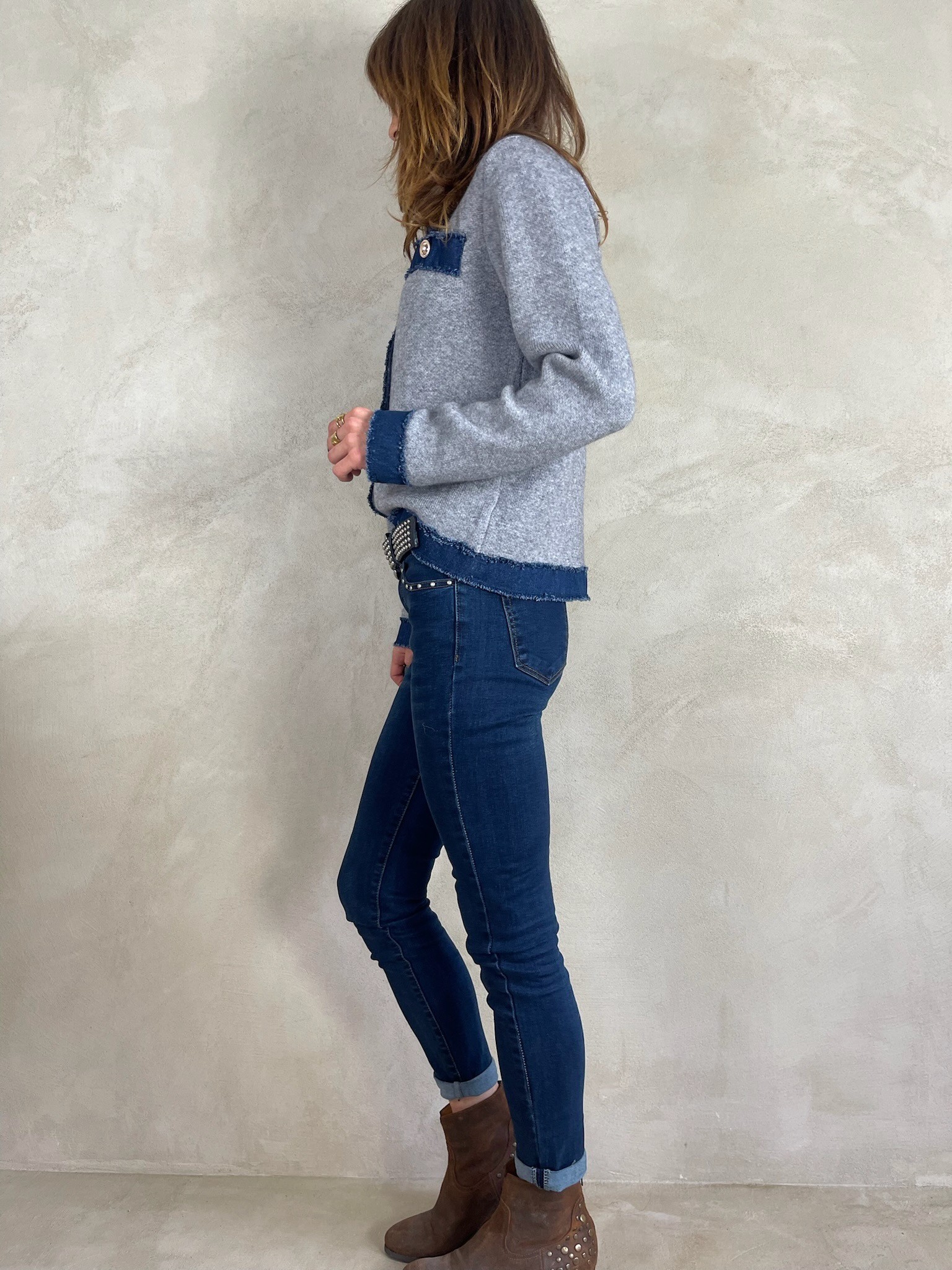 Gilet gris détails denim