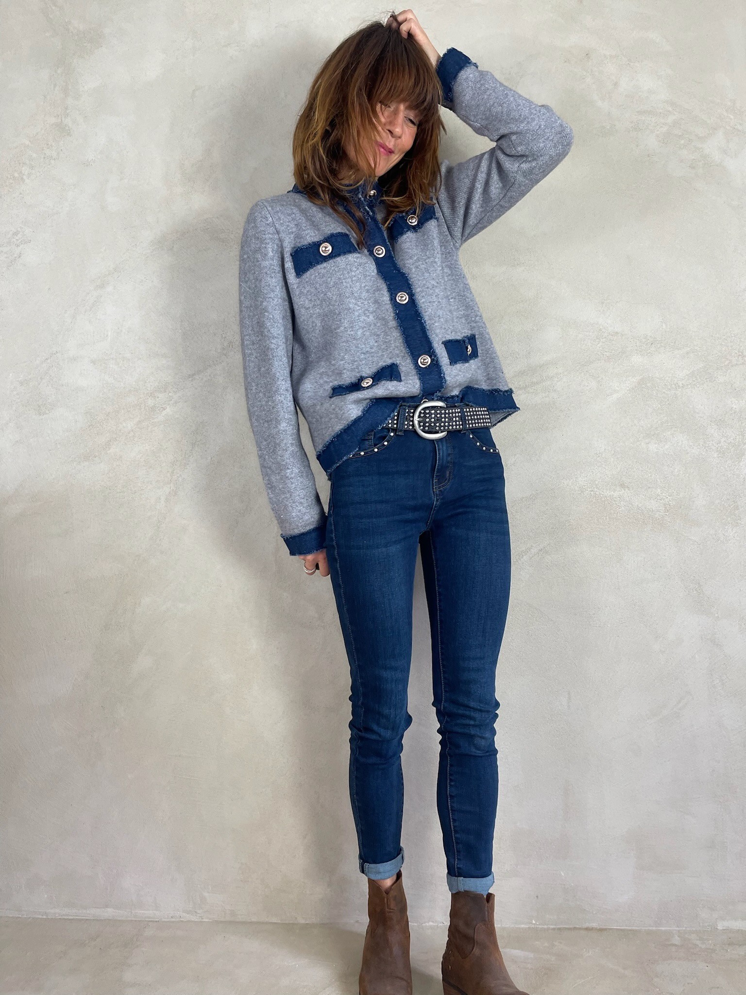 Gilet gris détails denim