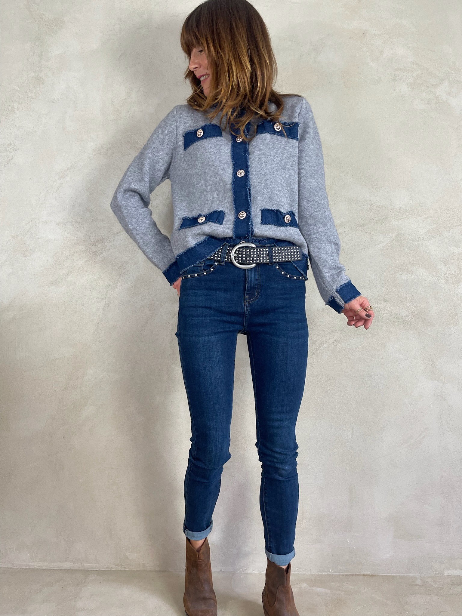 Gilet gris détails denim