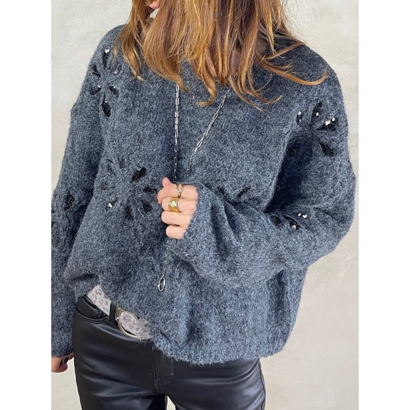 Pull gris sequins noirs