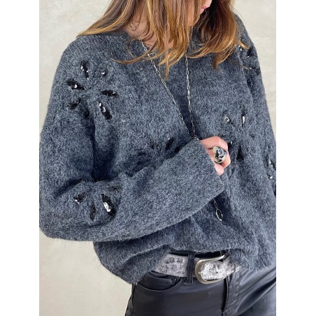 Pull gris sequins noirs