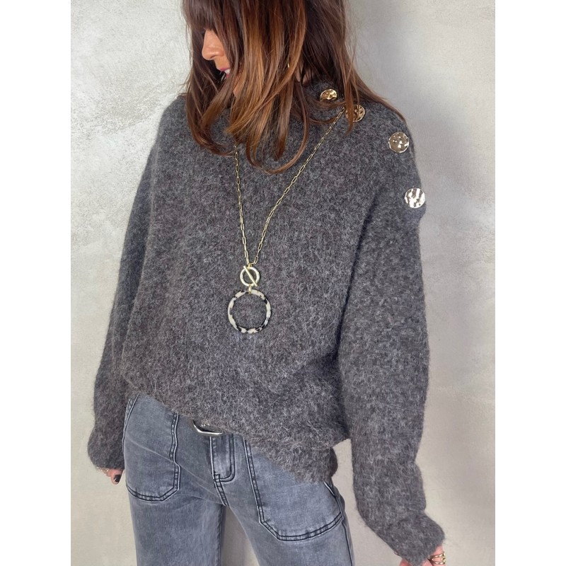 Pull bouclette gris boutons gold