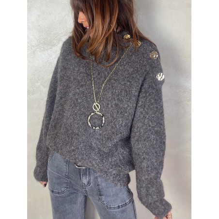 Pull bouclette gris boutons gold