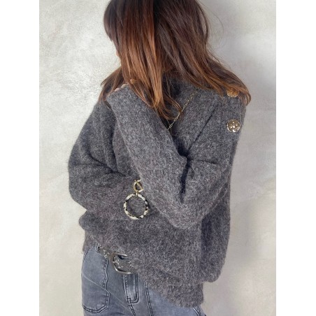 Pull bouclette gris boutons gold