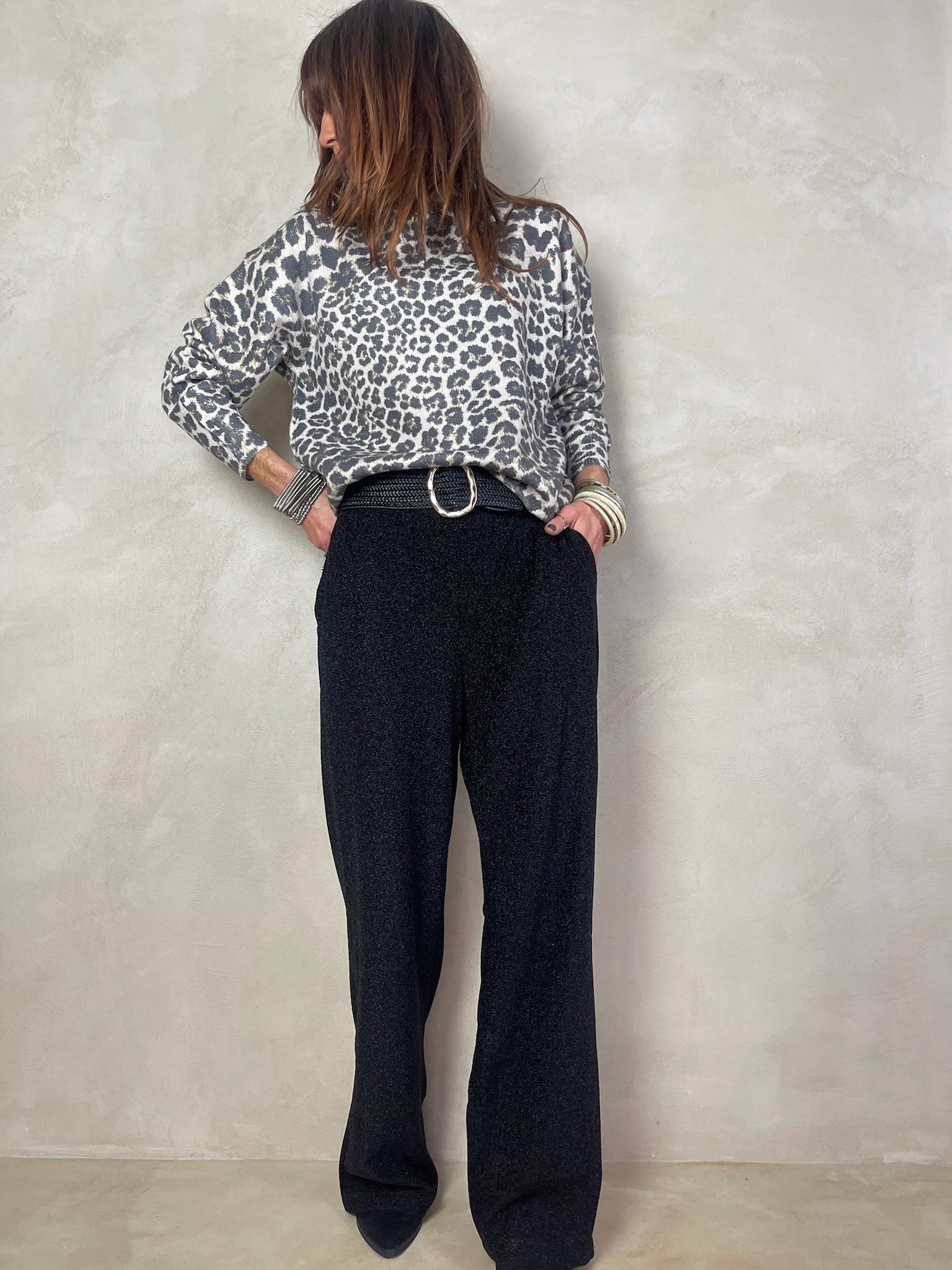 Pantalon fluide noir brillant