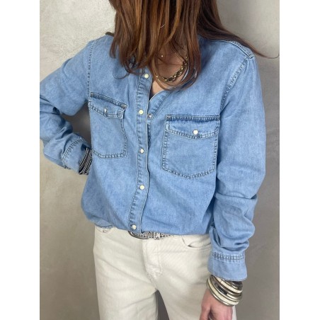 Chemise denim poches plaquées