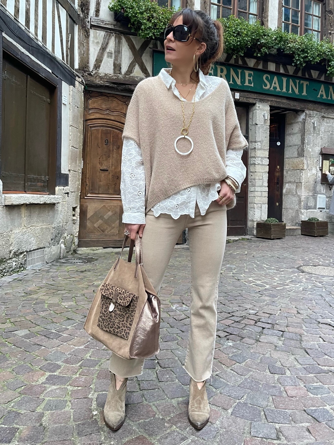 Pull manches courtes beige irisé