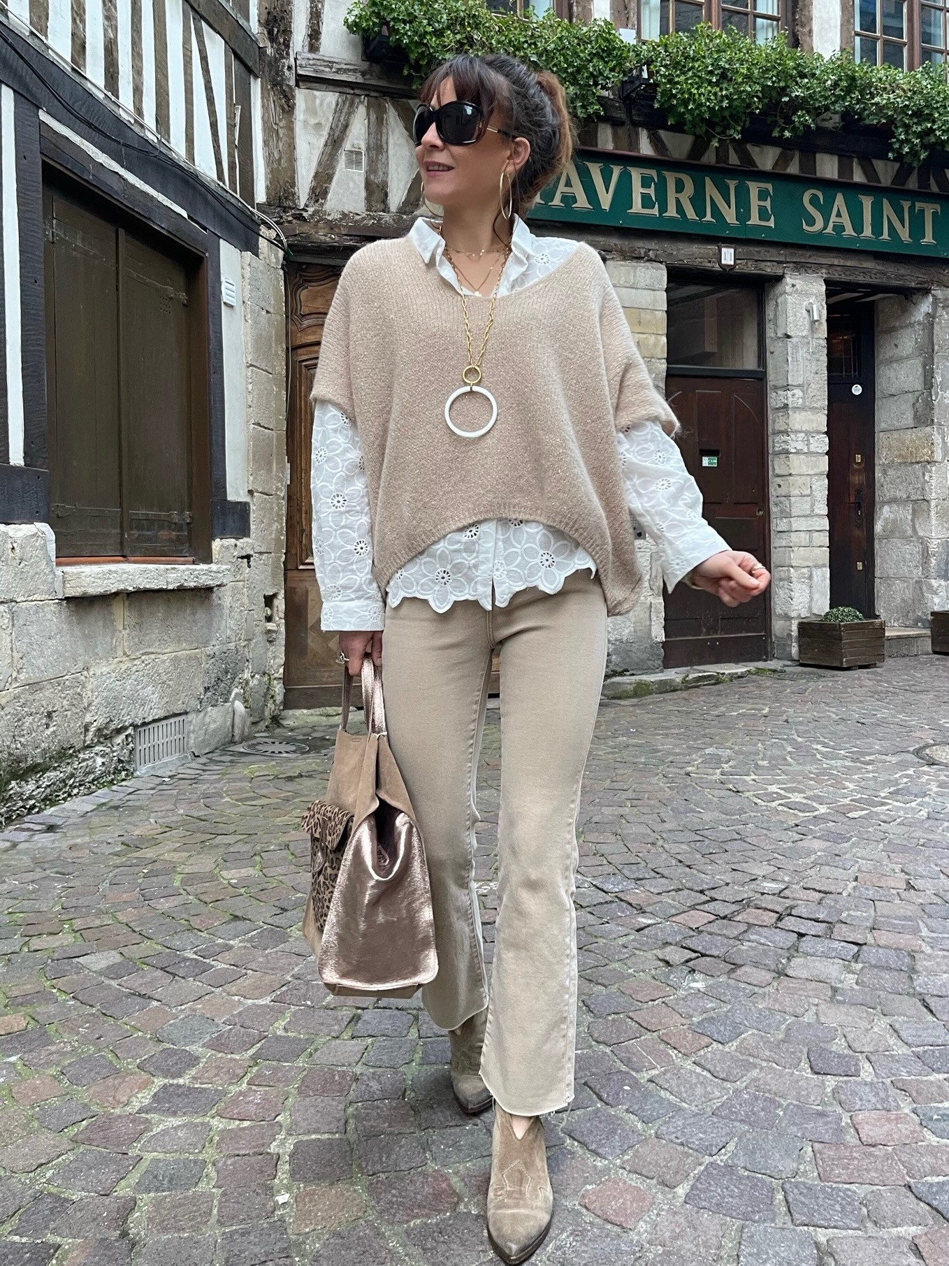 Pull manches courtes beige irisé