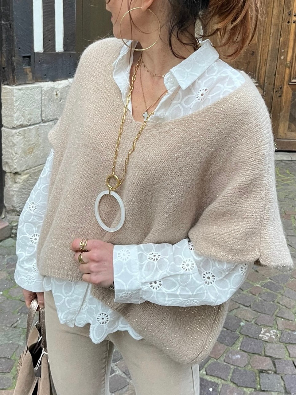 Pull manches courtes beige irisé