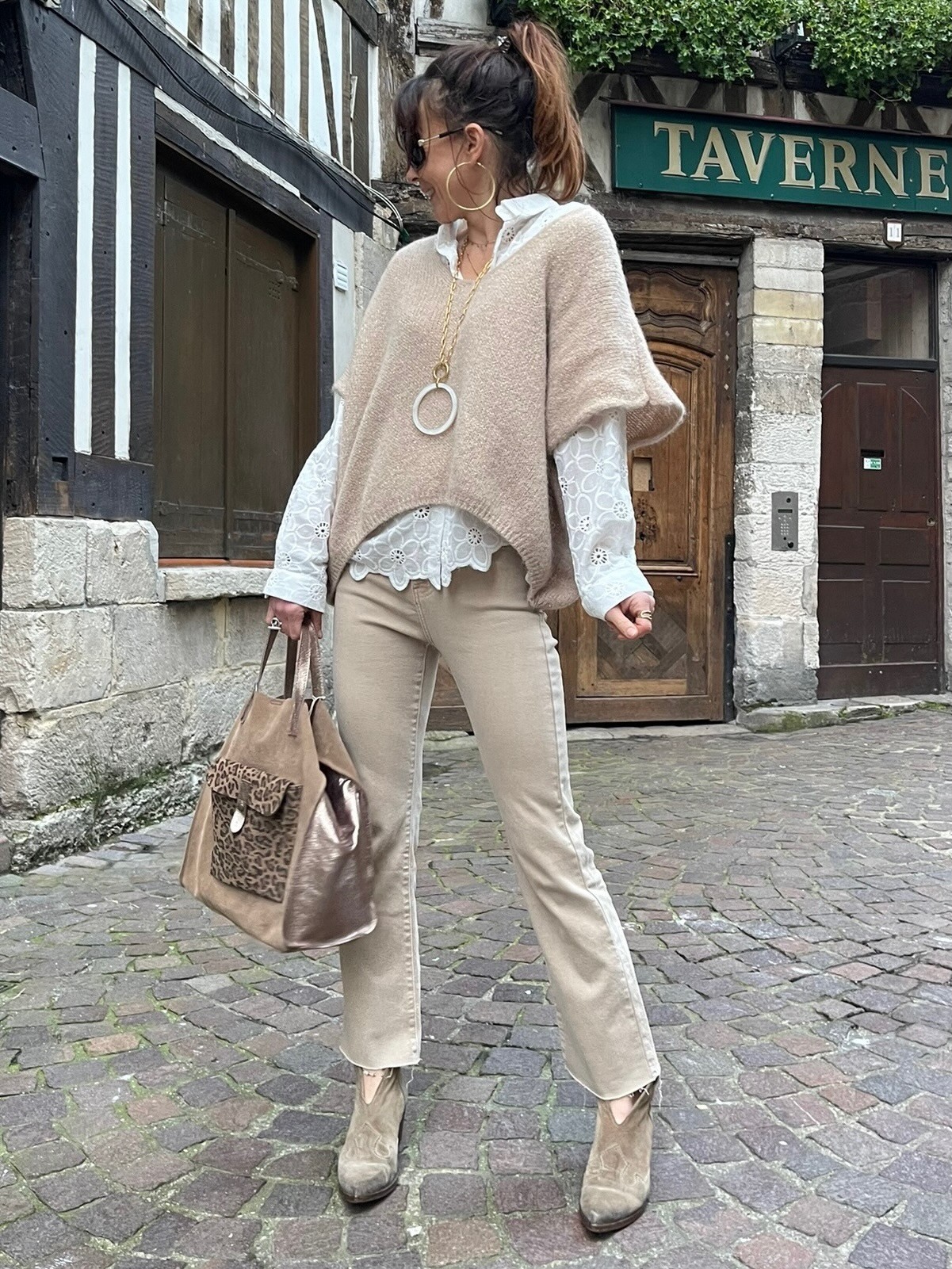 Pull manches courtes beige irisé