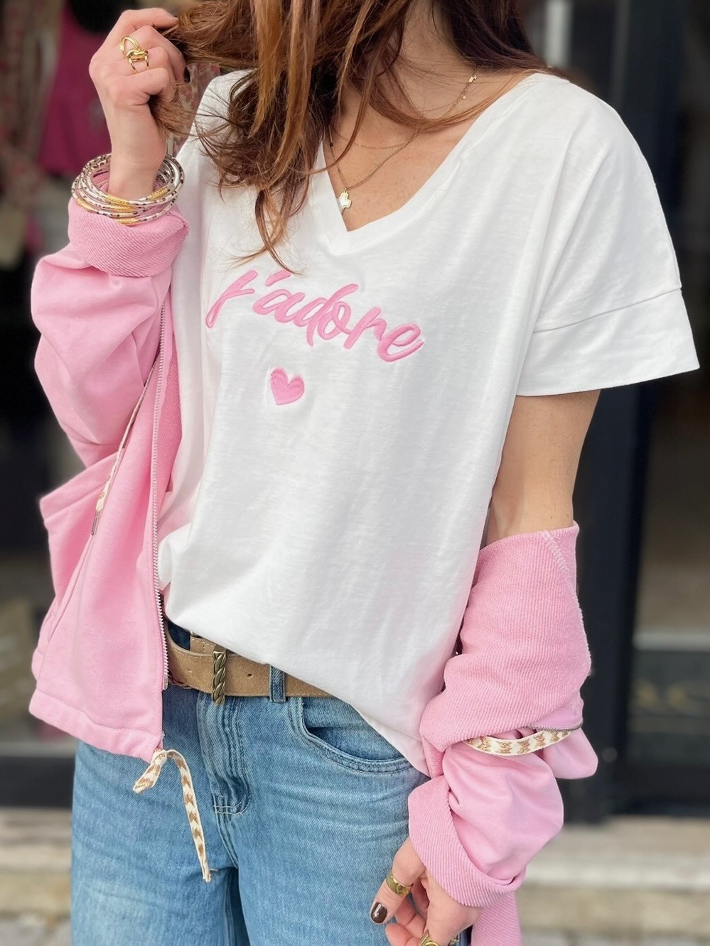 Sweat cordon coeur rose