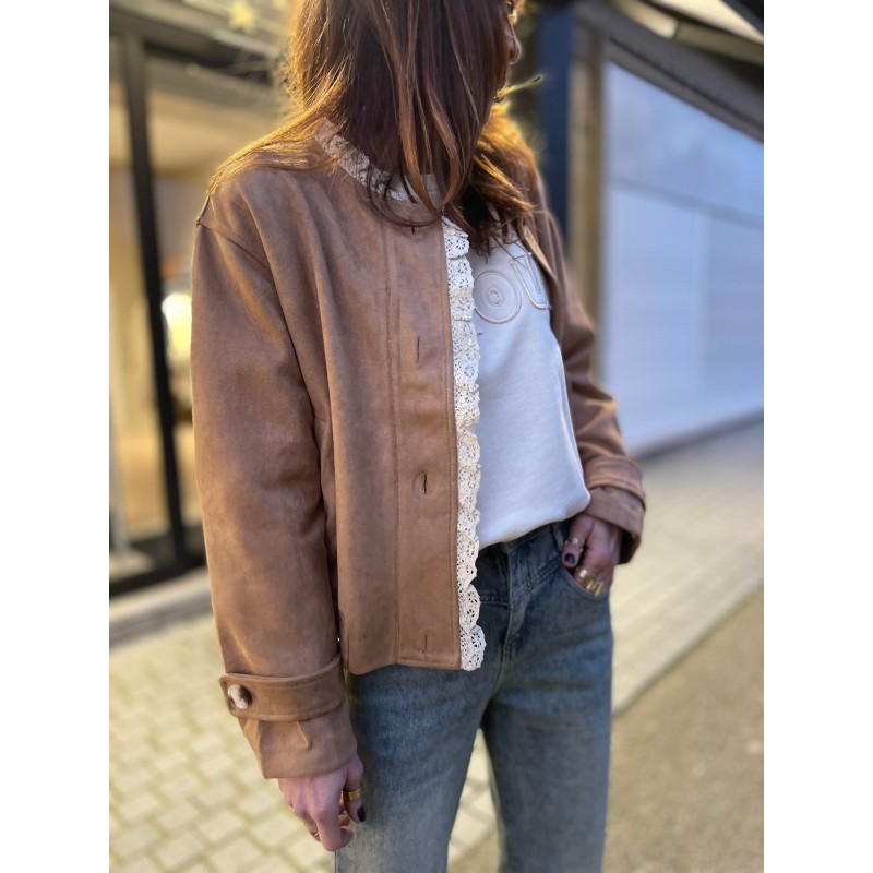 Veste camel effet daim broderie