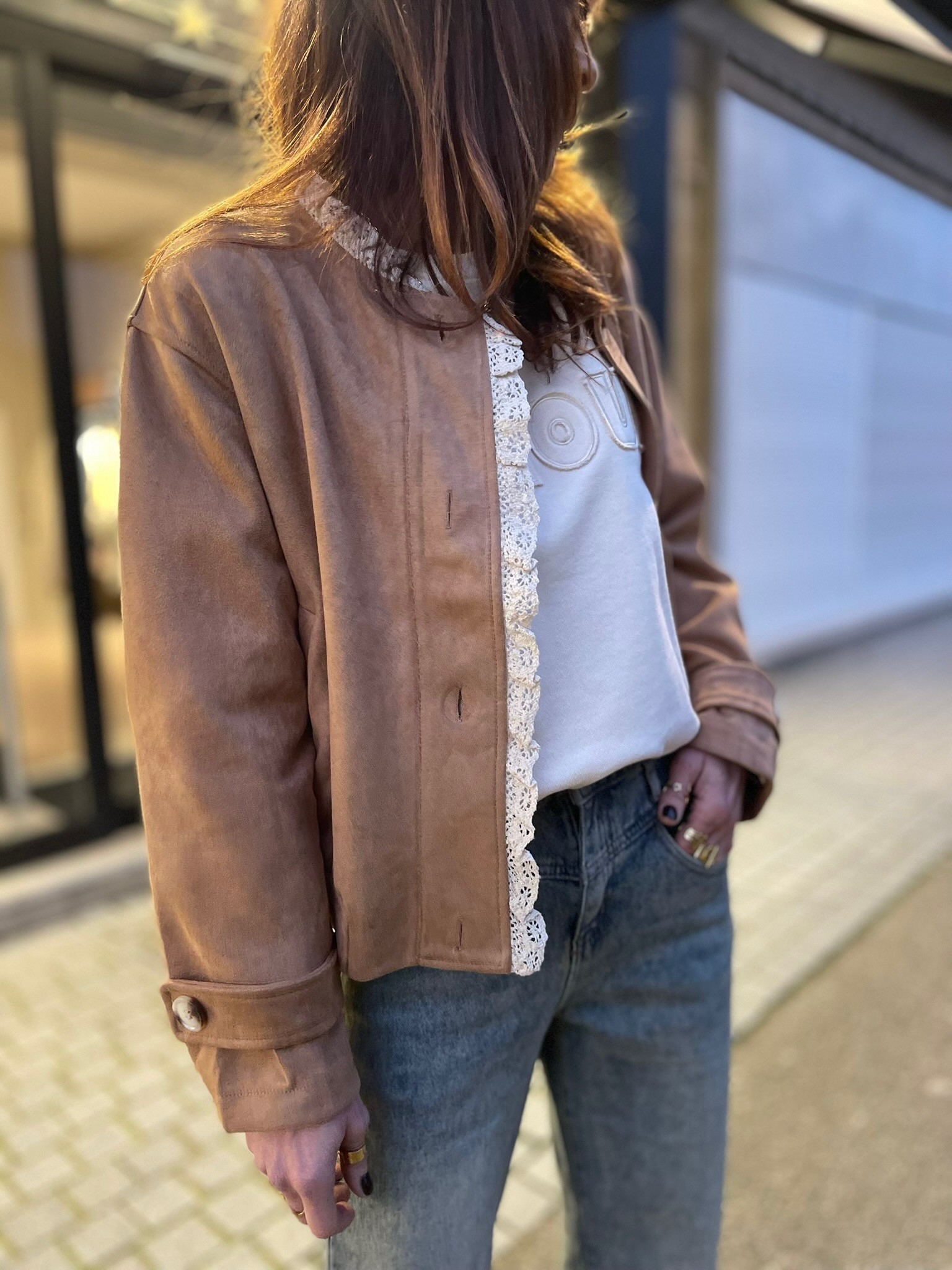 Veste camel effet daim broderie