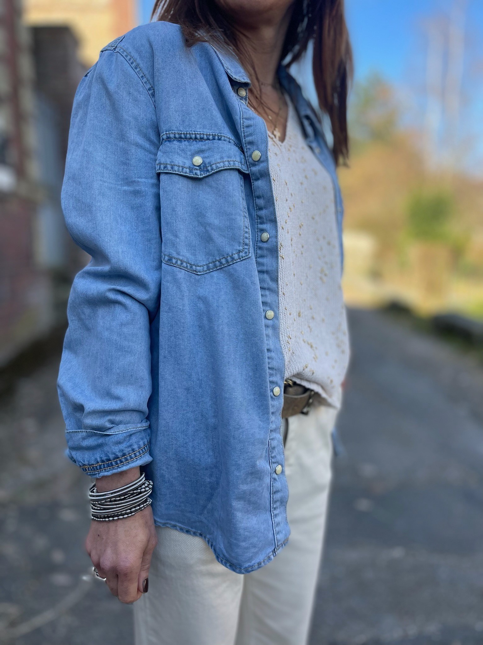 Chemise denim poches plaquées